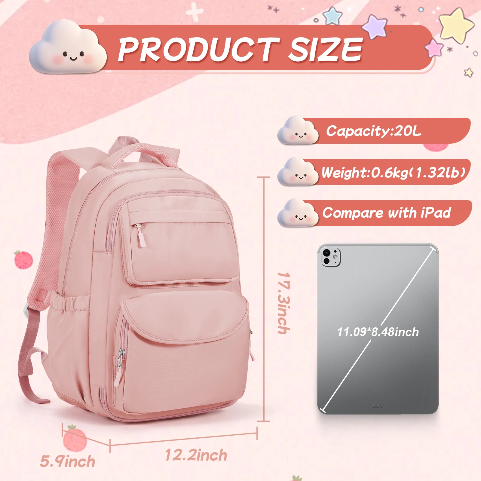 Girls School Bags Kid Backpack with Fridge Door Elementary School Backpack, Pink Lightweight School Backpack for Girls Ages 8-16