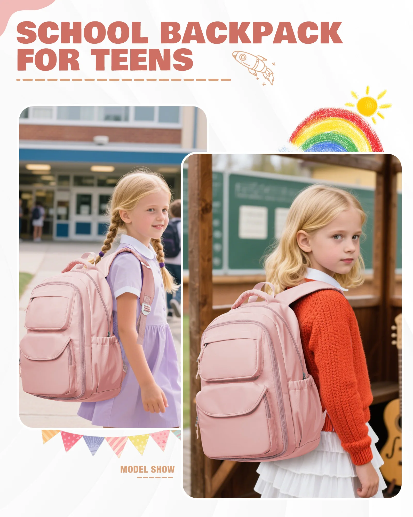 Girls School Bags Kid Backpack with Fridge Door Elementary School Backpack, Pink Lightweight School Backpack for Girls Ages 8-16