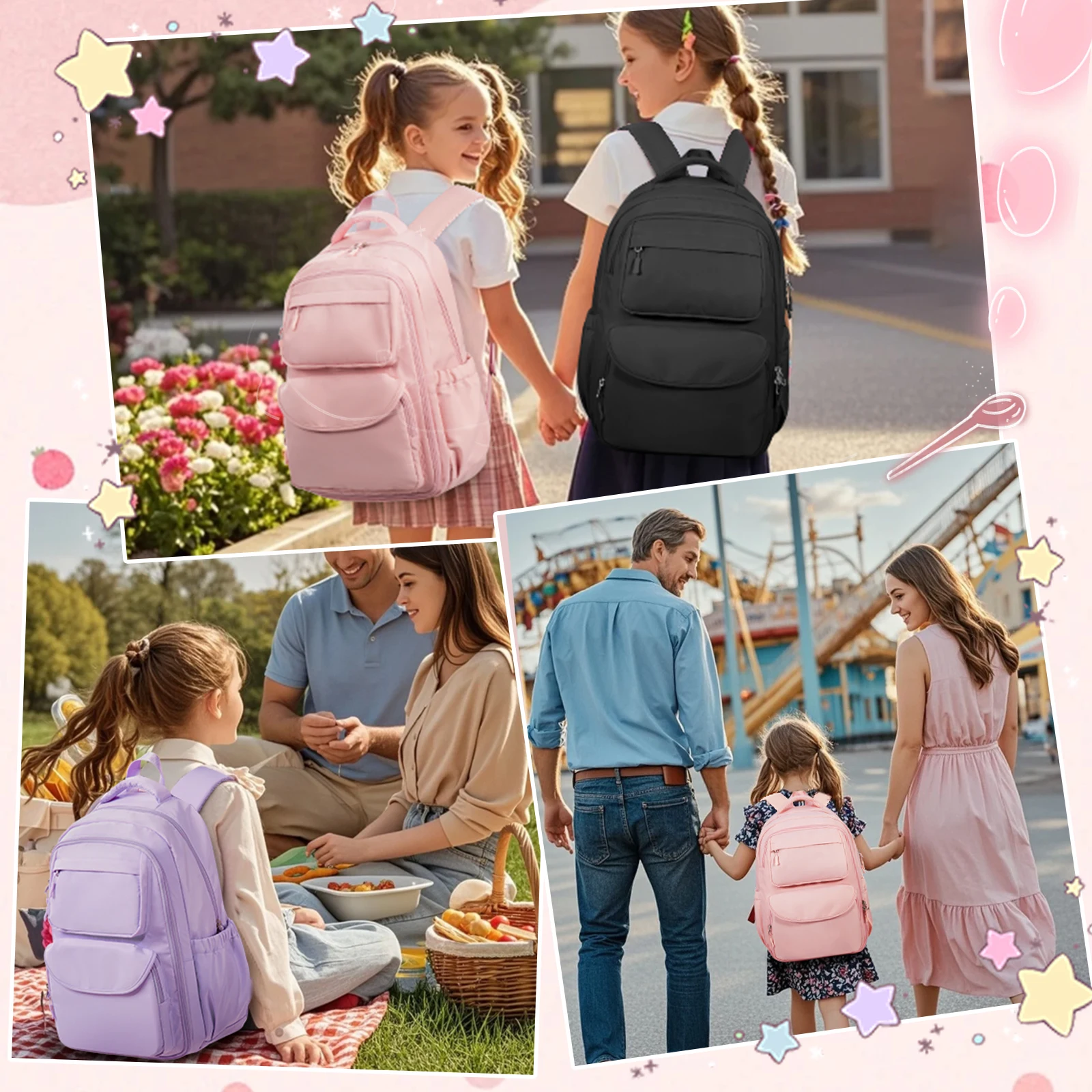 Girls School Bags Kid Backpack with Fridge Door Elementary School Backpack, Pink Lightweight School Backpack for Girls Ages 8-16