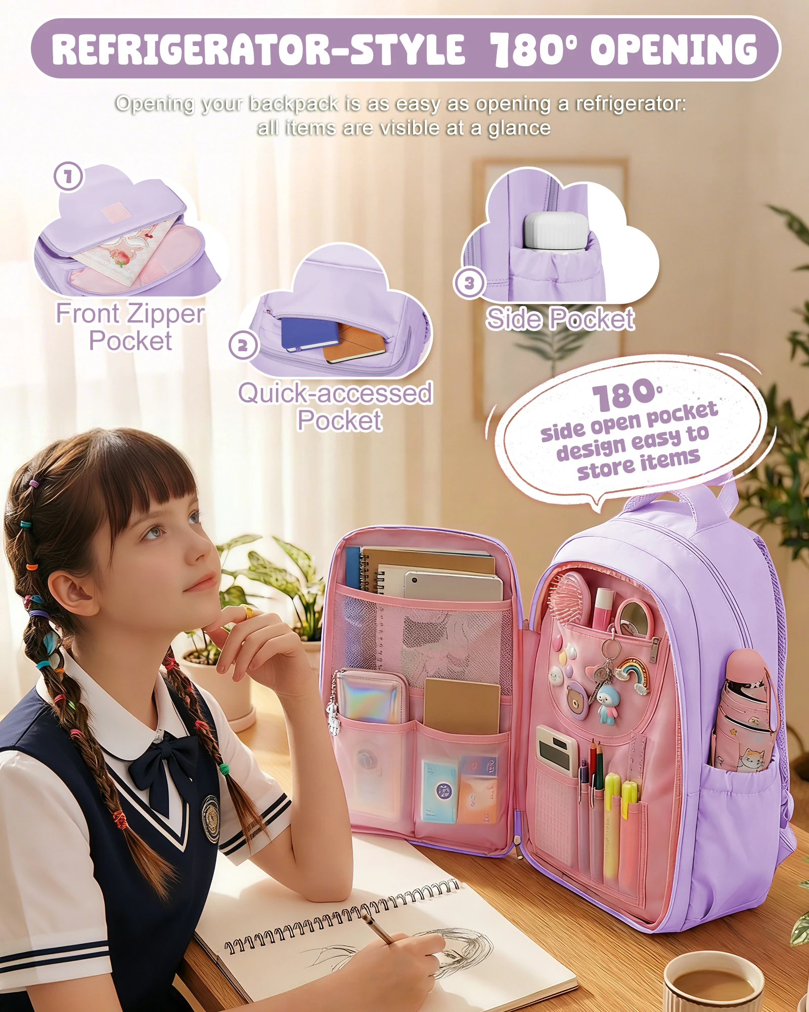 Girls School Bags Kids Backpack with Fridge Door, Elementary School Backpack, Lightweight School Backpack for Girls Ages 8-10