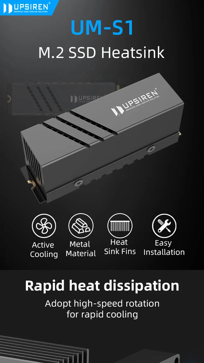 UPSIREN UP-M.2 2280 Black SSD Heatsink/With Active Cooling Fan/Aluminum Alloy Material/Suitable for 2280 SSD Installation
