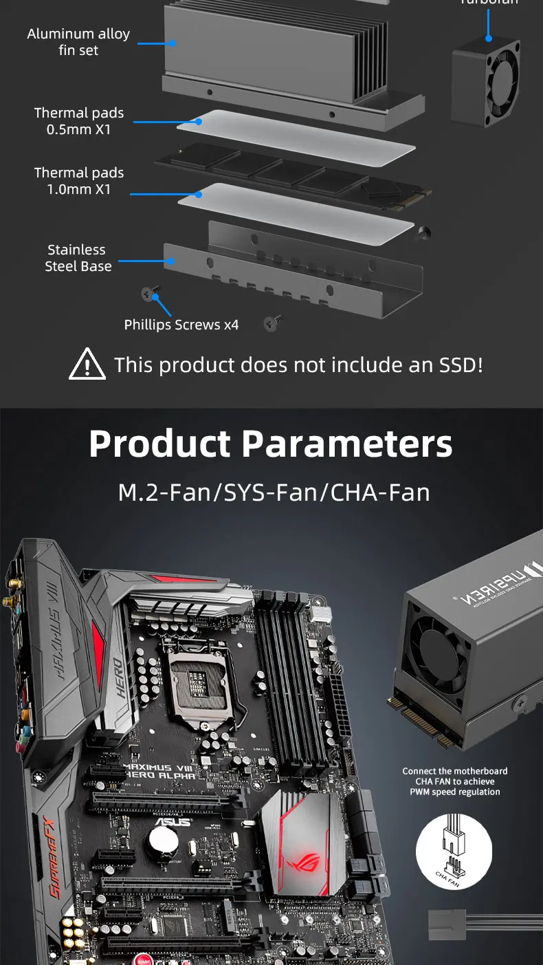 UPSIREN UP-M.2 2280 Black SSD Heatsink/With Active Cooling Fan/Aluminum Alloy Material/Suitable for 2280 SSD Installation