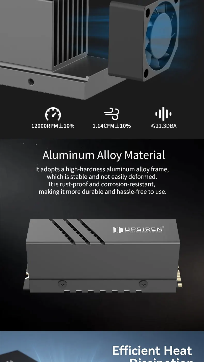 UPSIREN UP-M.2 2280 Black SSD Heatsink/With Active Cooling Fan/Aluminum Alloy Material/Suitable for 2280 SSD Installation