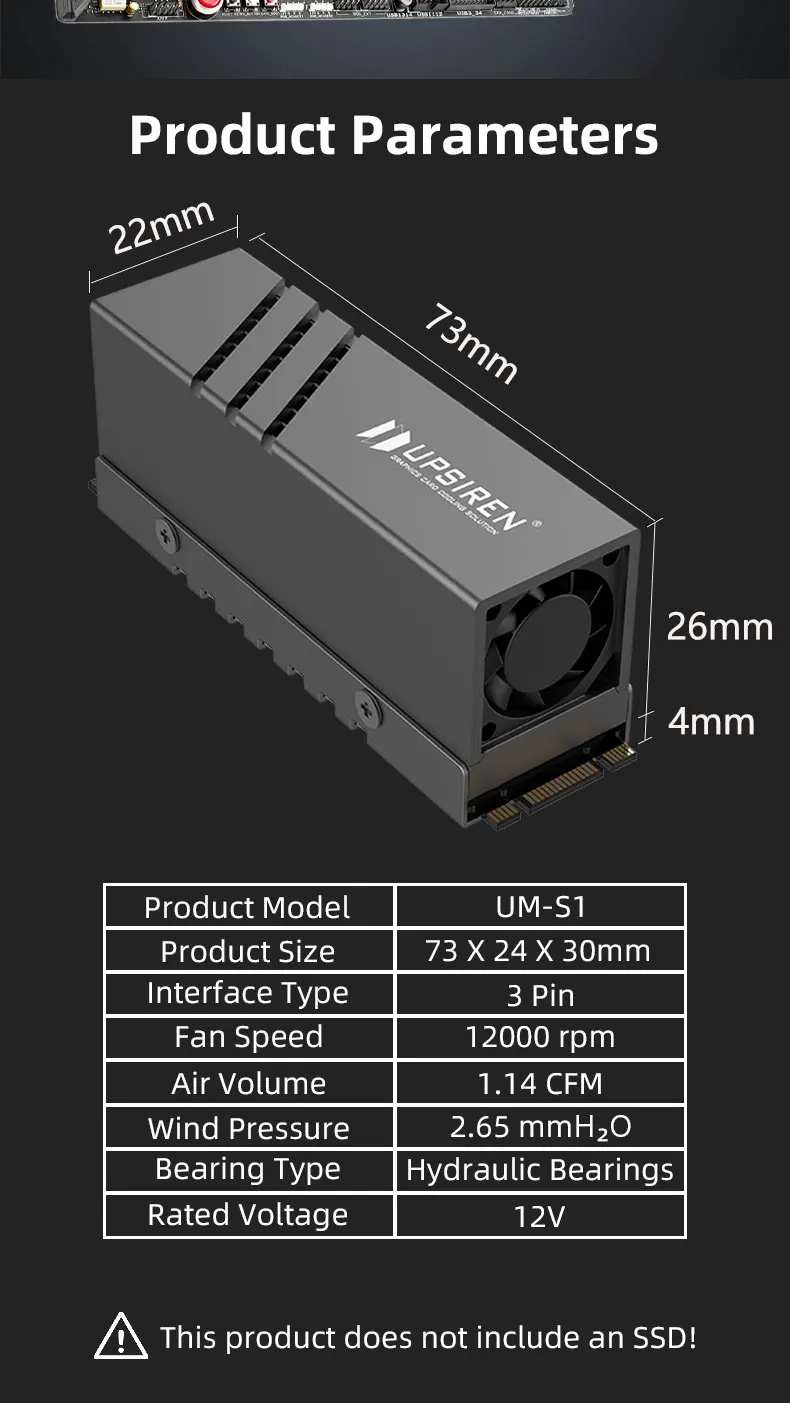 UPSIREN UP-M.2 2280 Black SSD Heatsink/With Active Cooling Fan/Aluminum Alloy Material/Suitable for 2280 SSD Installation