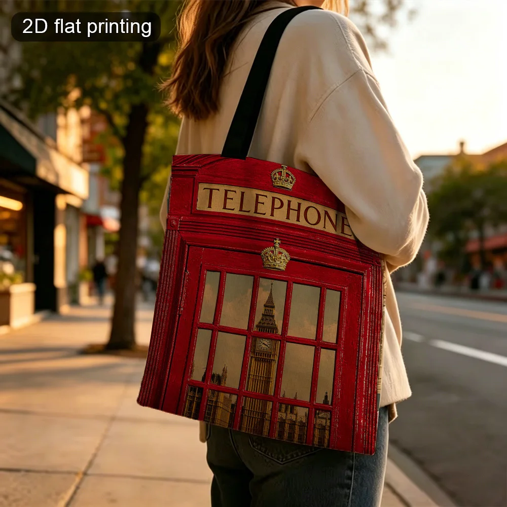 1pc British-Themed London Telephone Booth & Big Ben Tote Bag Double-Sided Printed Reusable Foldable Grocery Bag