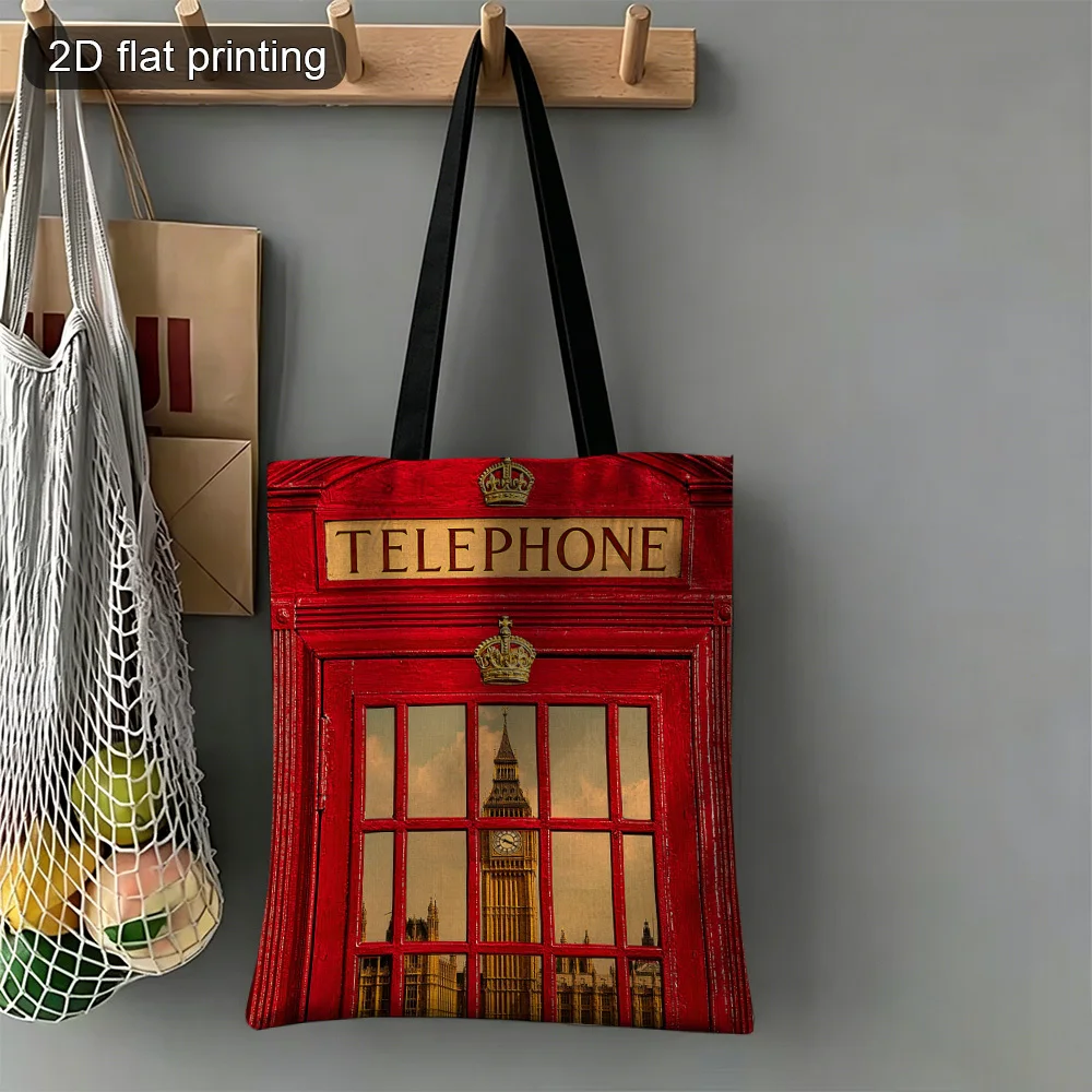 1pc British-Themed London Telephone Booth & Big Ben Tote Bag Double-Sided Printed Reusable Foldable Grocery Bag