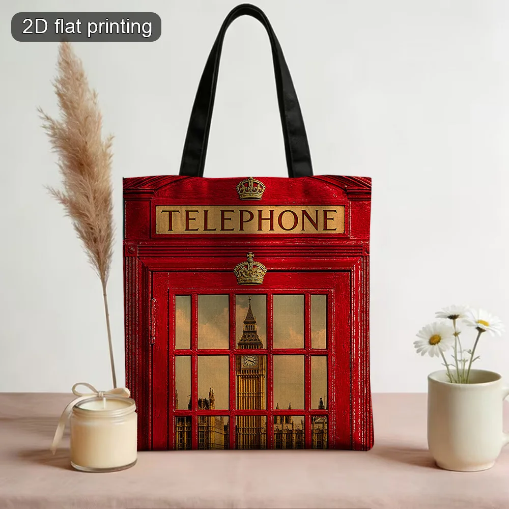 1pc British-Themed London Telephone Booth & Big Ben Tote Bag Double-Sided Printed Reusable Foldable Grocery Bag