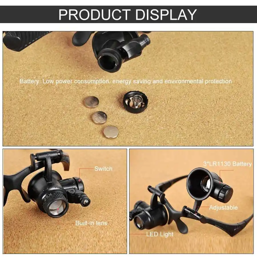 10X 15X 20X 25X Head Band Double Eye Magnifier Eyeglasses Magnifying Glass 8Pcs Lens LED Light Loupe Jewelry Watch Repair Tool