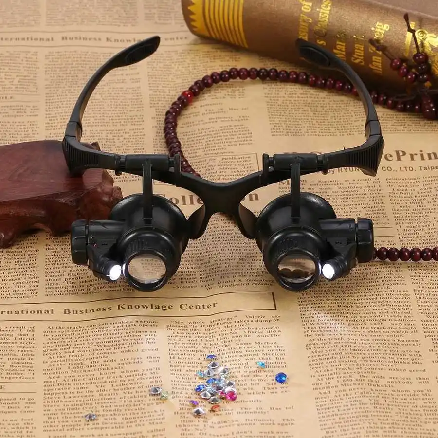 10X 15X 20X 25X Head Band Double Eye Magnifier Eyeglasses Magnifying Glass 8Pcs Lens LED Light Loupe Jewelry Watch Repair Tool