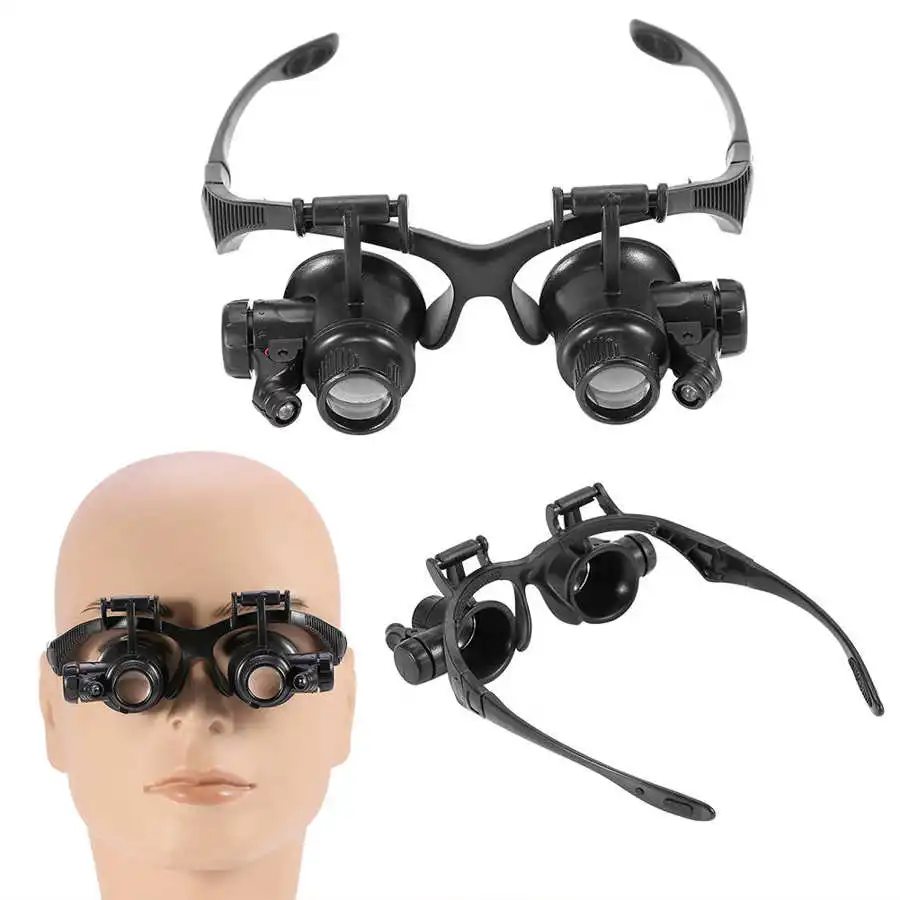 10X 15X 20X 25X Head Band Double Eye Magnifier Eyeglasses Magnifying Glass 8Pcs Lens LED Light Loupe Jewelry Watch Repair Tool