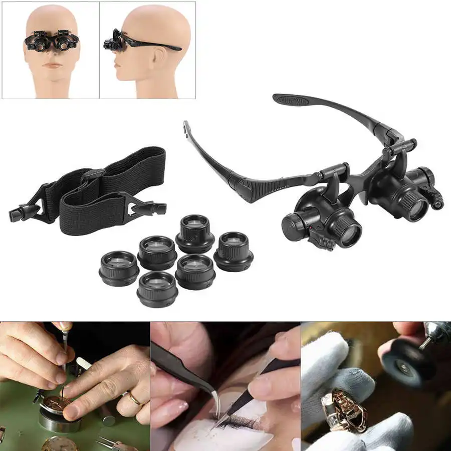 10X 15X 20X 25X Head Band Double Eye Magnifier Eyeglasses Magnifying Glass 8Pcs Lens LED Light Loupe Jewelry Watch Repair Tool