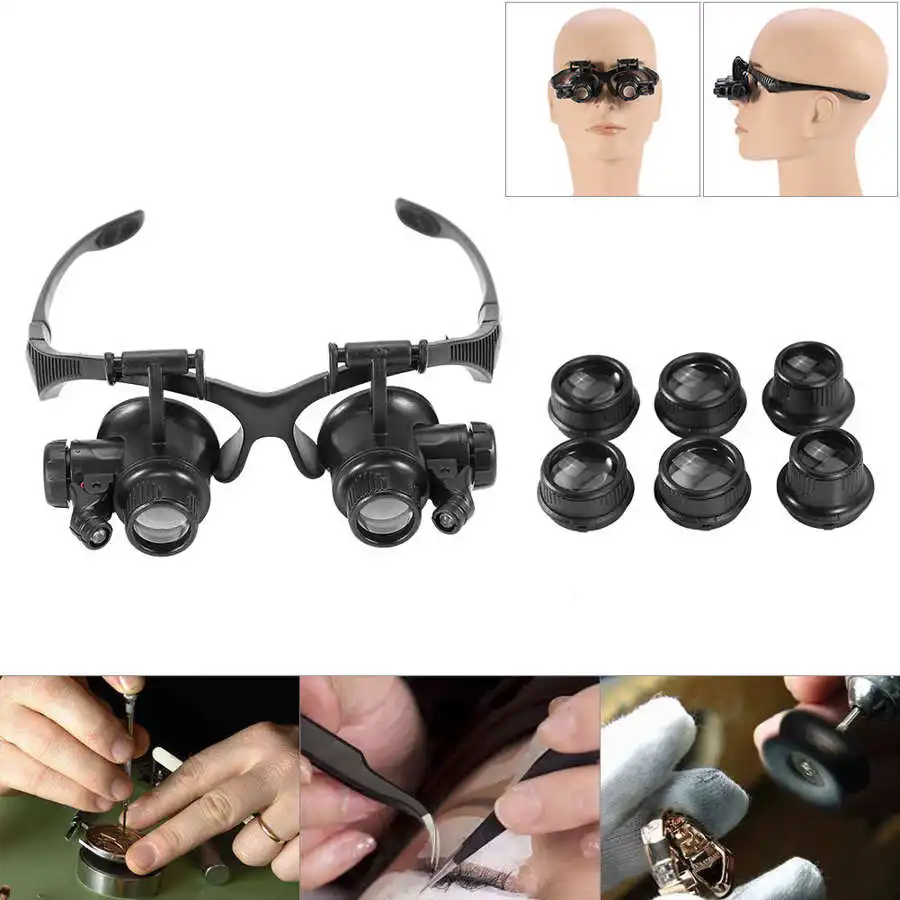 10X 15X 20X 25X Head Band Double Eye Magnifier Eyeglasses Magnifying Glass 8Pcs Lens LED Light Loupe Jewelry Watch Repair Tool