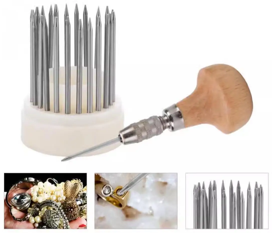 23pcs Beading tool Set Diamond Stone Pearl Grain Tools Set Beader with Wood Handle Jewelry Making Tool for Goldsmith Jeweler