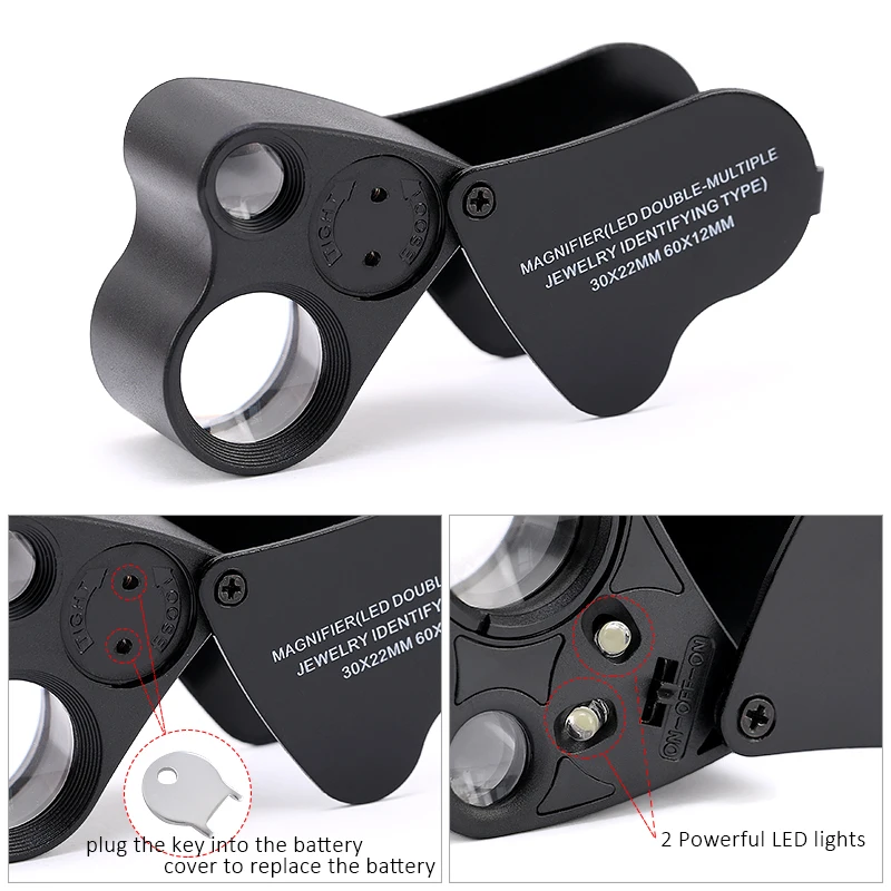 30X 60X Illuminated Jewelers Eye Loupe Magnifier, Foldable Jewelry Magnifier with Bright LED Light for Gems, Jewelry, Coins