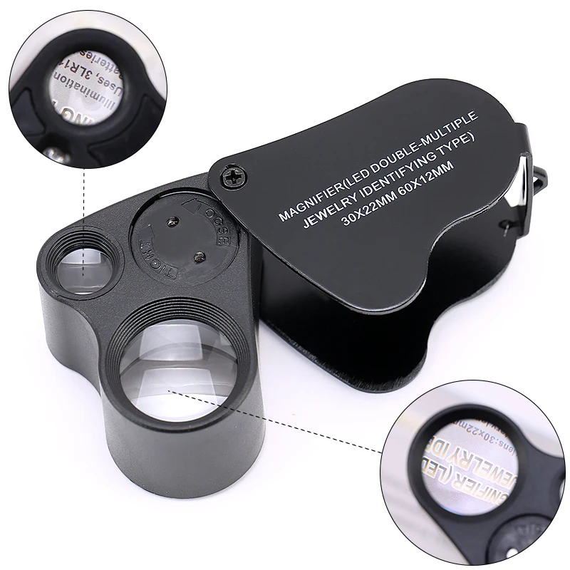 30X 60X Illuminated Jewelers Eye Loupe Magnifier, Foldable Jewelry Magnifier with Bright LED Light for Gems, Jewelry, Coins