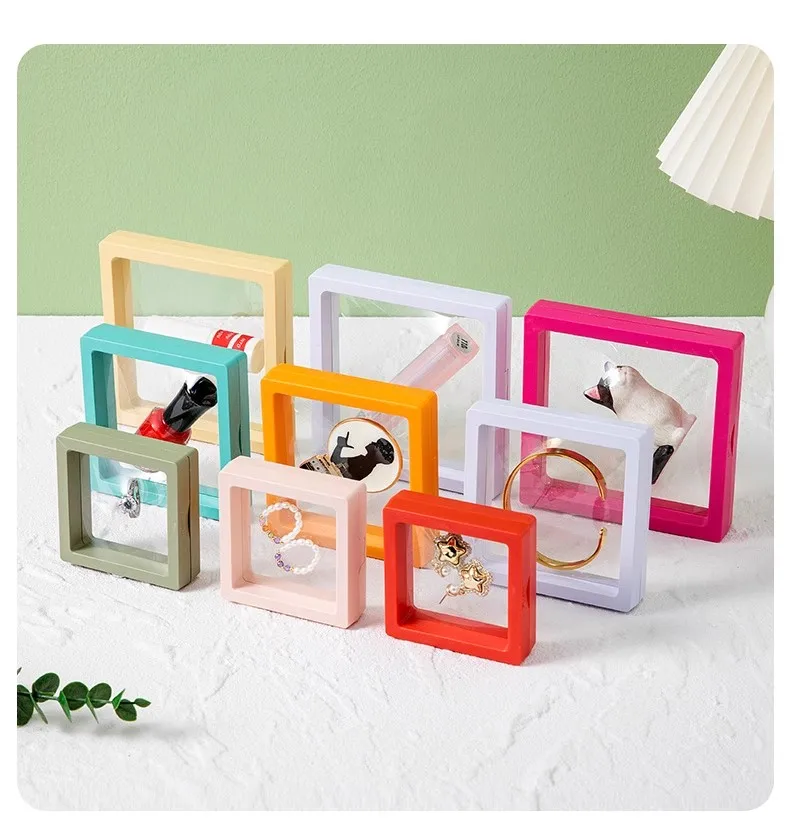 Color PE Film Jewelry Storage Box 3D Packaging Case Coin Free Stand Floating Frame Membrane Ring Earring Bracelet Display Holder
