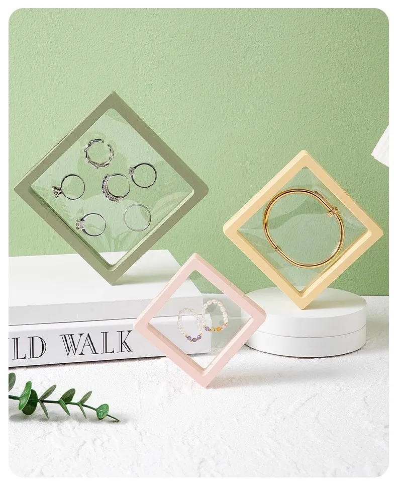 Color PE Film Jewelry Storage Box 3D Packaging Case Coin Free Stand Floating Frame Membrane Ring Earring Bracelet Display Holder
