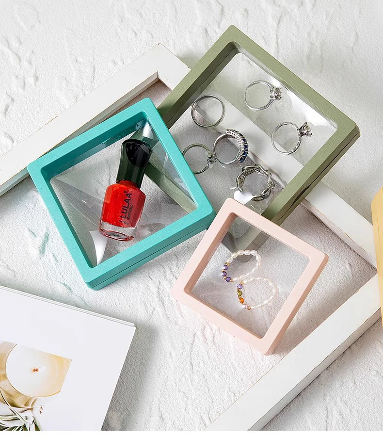 Color PE Film Jewelry Storage Box 3D Packaging Case Coin Free Stand Floating Frame Membrane Ring Earring Bracelet Display Holder