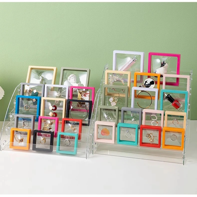 Color PE Film Jewelry Storage Box 3D Packaging Case Coin Free Stand Floating Frame Membrane Ring Earring Bracelet Display Holder