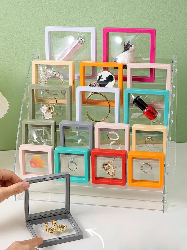 Color PE Film Jewelry Storage Box 3D Packaging Case Coin Free Stand Floating Frame Membrane Ring Earring Bracelet Display Holder