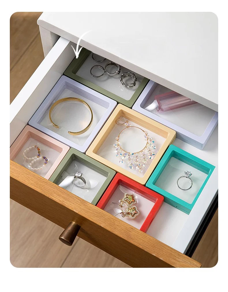Color PE Film Jewelry Storage Box 3D Packaging Case Coin Free Stand Floating Frame Membrane Ring Earring Bracelet Display Holder