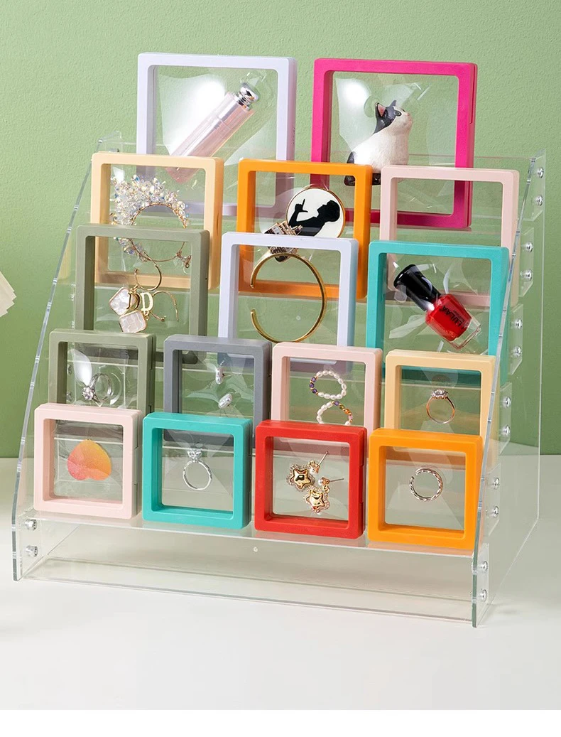 Color PE Film Jewelry Storage Box 3D Packaging Case Coin Free Stand Floating Frame Membrane Ring Earring Bracelet Display Holder