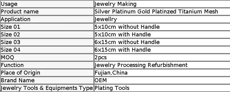 Silver PlatinumTitanium Mesh Gold Platinzed Titanium Mesh Metal Electroplating Anode with Handle for Jewelry Plating Machine
