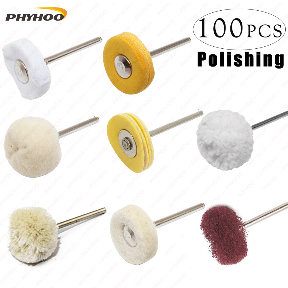 Polishing Wheel Fiber wheel Cotton wheel Wool wheel  Handle for Dremel Rotary Tools Fine Polish Jewelry Pack of 100Pcs