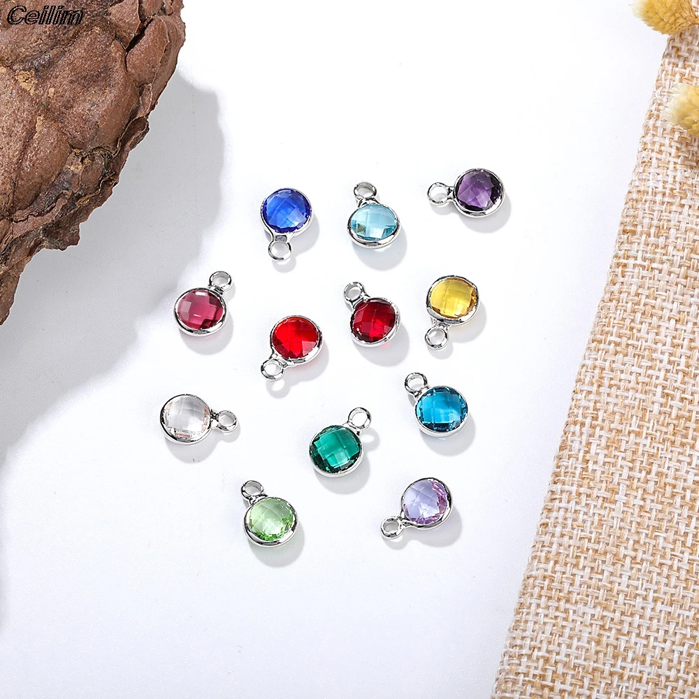 10pcs Copper Round 6mm Birthstone Charms Beads Colorful Crystal Pendants For DIY Craft Necklace Bracelet Jewelry Making Findings