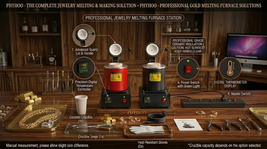 PHYHOO Electric Melting Furnace Digital Control Kiln For Casting Gold Silver Copper Scrap Smelting Jewelry Refining Purify Tool