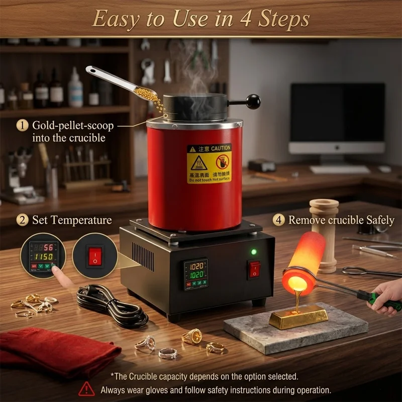 PHYHOO Electric Melting Furnace Digital Control Kiln For Casting Gold Silver Copper Scrap Smelting Jewelry Refining Purify Tool