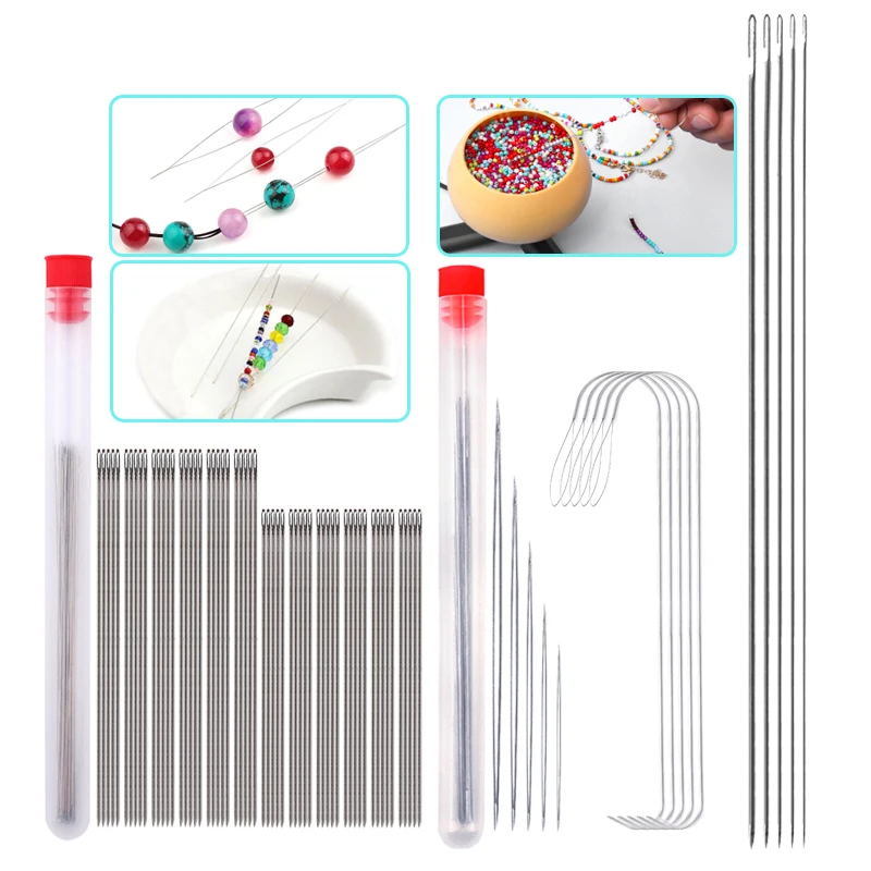 SMI Stainless Steel Beading Needles 4 Styles Jewelry Making Needle Threaders Set Long Straight Big Eye Beading Tools for Jewelry