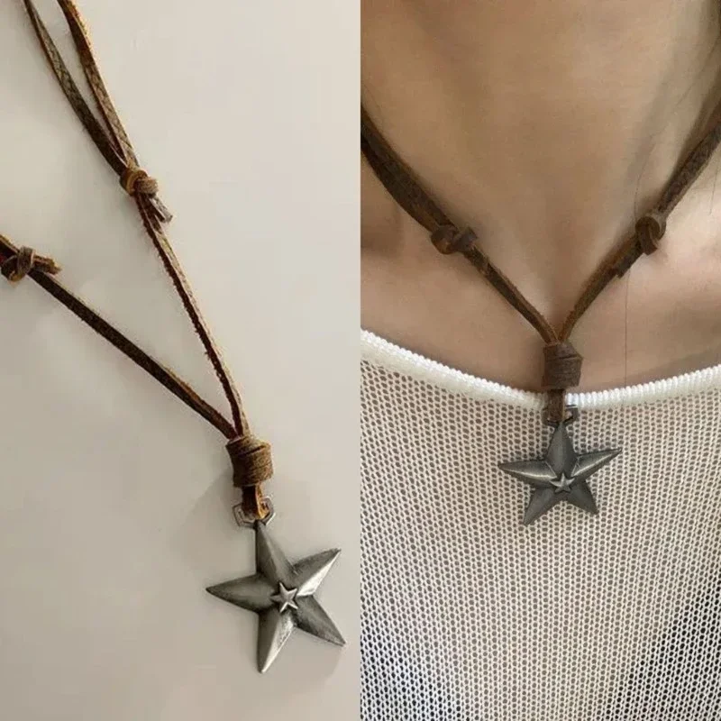 Adjustable Leather Rope Star Pendant Necklace for Women Vintage Ethnic