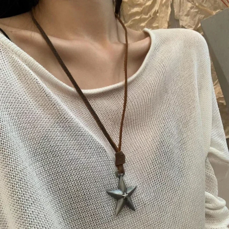 Adjustable Leather Rope Star Pendant Necklace for Women Vintage Ethnic