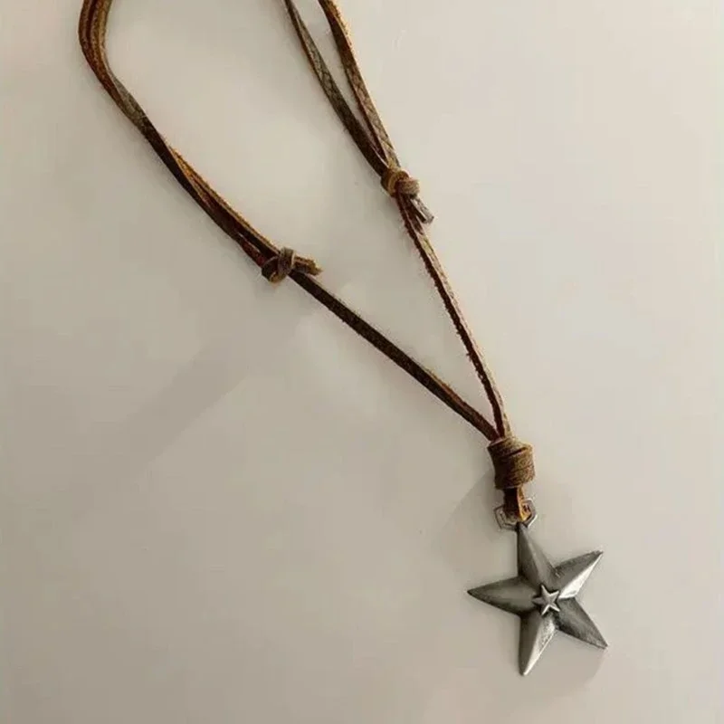 Adjustable Leather Rope Star Pendant Necklace for Women Vintage Ethnic