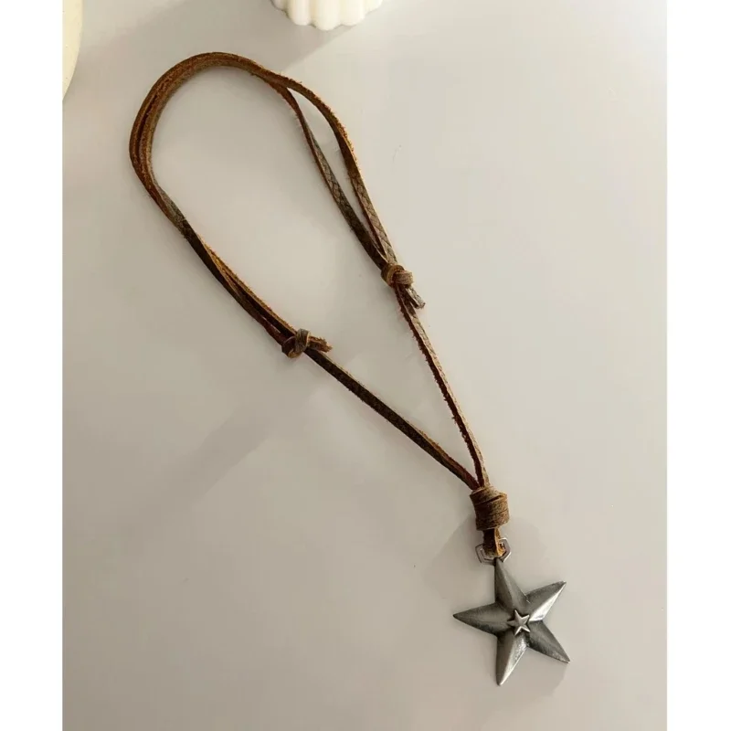 Adjustable Leather Rope Star Pendant Necklace for Women Vintage Ethnic