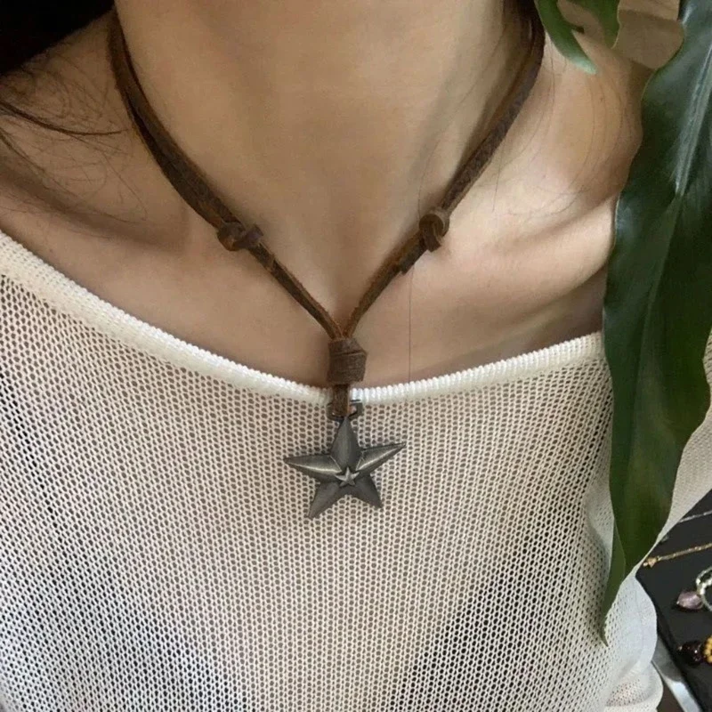 Adjustable Leather Rope Star Pendant Necklace for Women Vintage Ethnic