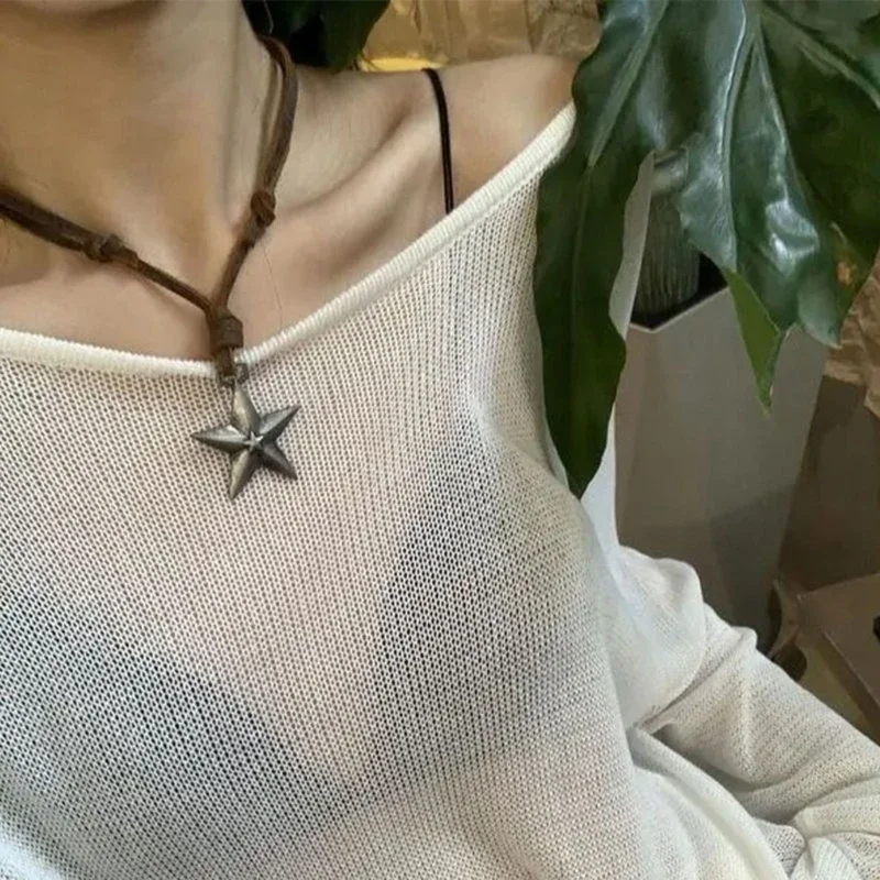 Adjustable Leather Rope Star Pendant Necklace for Women Vintage Ethnic