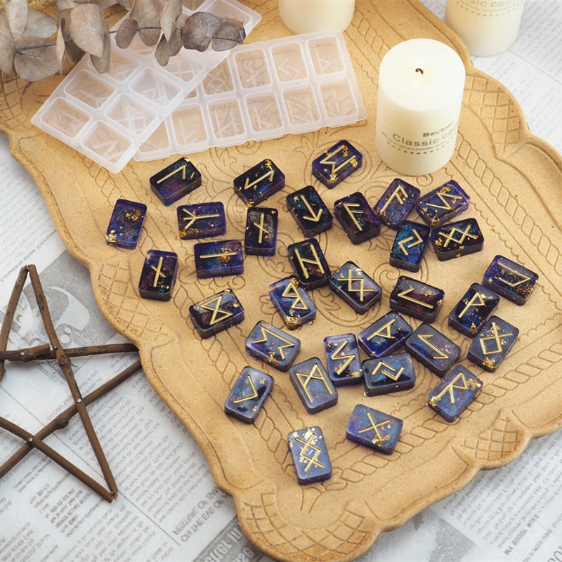 Viking Runes Divination Stones Witch Resin Mold Witchcraft Kit with Engraved Elder Futhark Alphabet Wicca Silicone Grs Tools