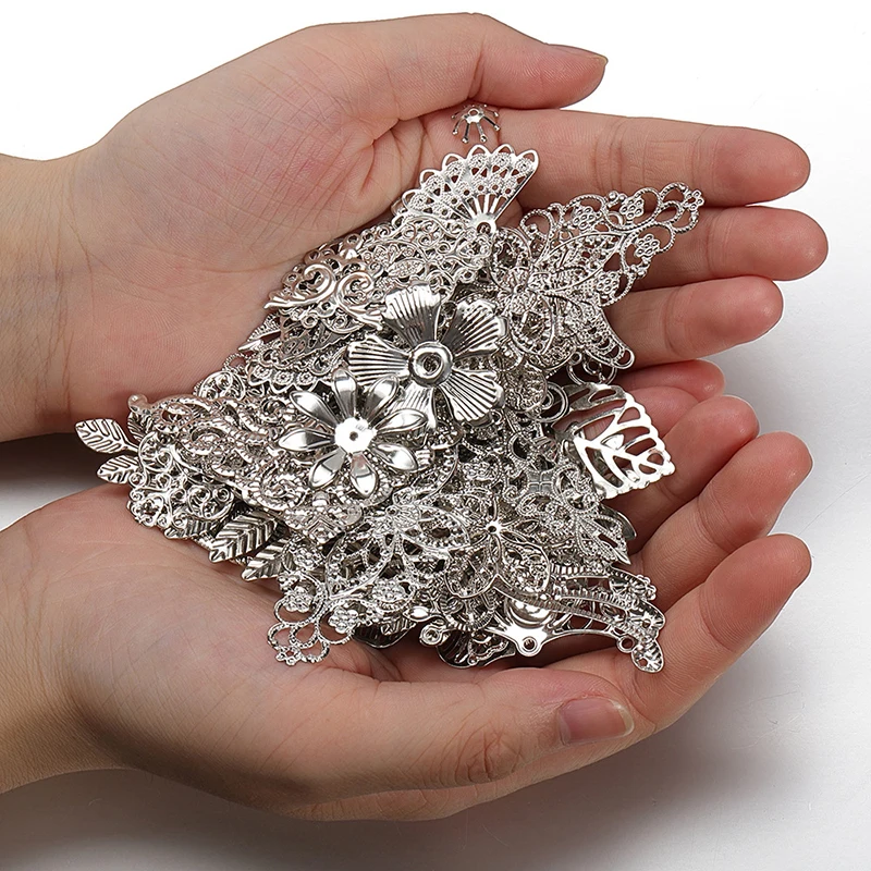 50g Mixed Metal Flower Leaves Filigree Wraps Connectors Pendant Beads Caps Charms for DIY Jewelry Making