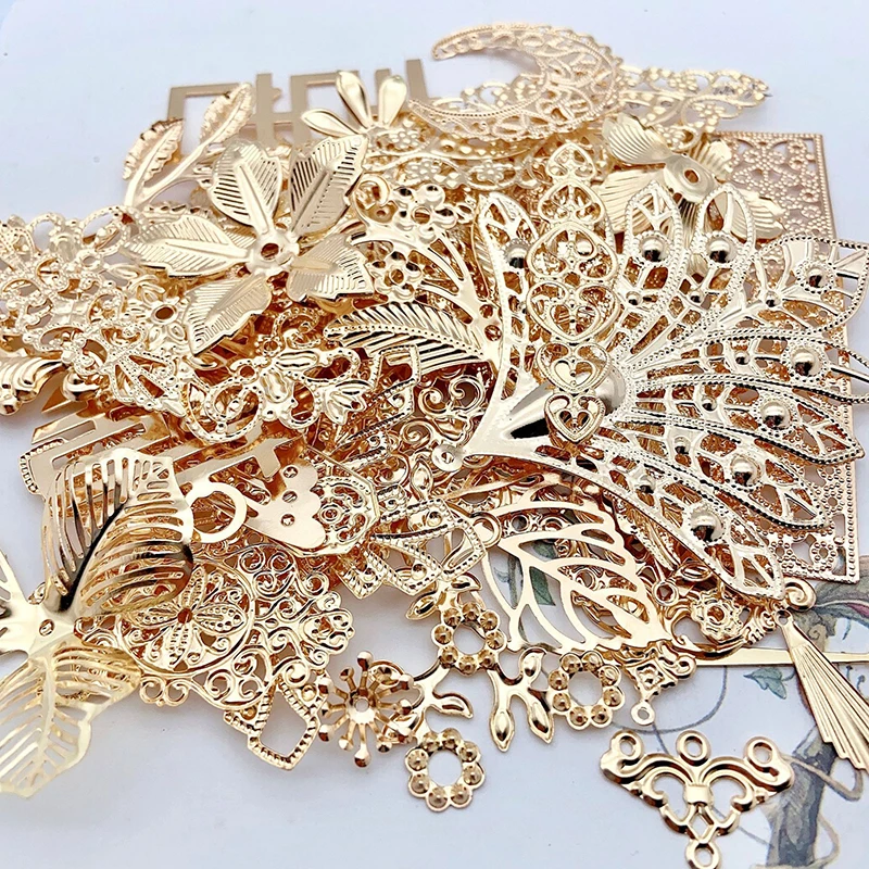 50g Mixed Metal Flower Leaves Filigree Wraps Connectors Pendant Beads Caps Charms for DIY Jewelry Making