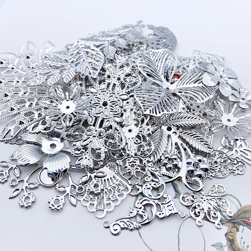 50g Mixed Metal Flower Leaves Filigree Wraps Connectors Pendant Beads Caps Charms for DIY Jewelry Making