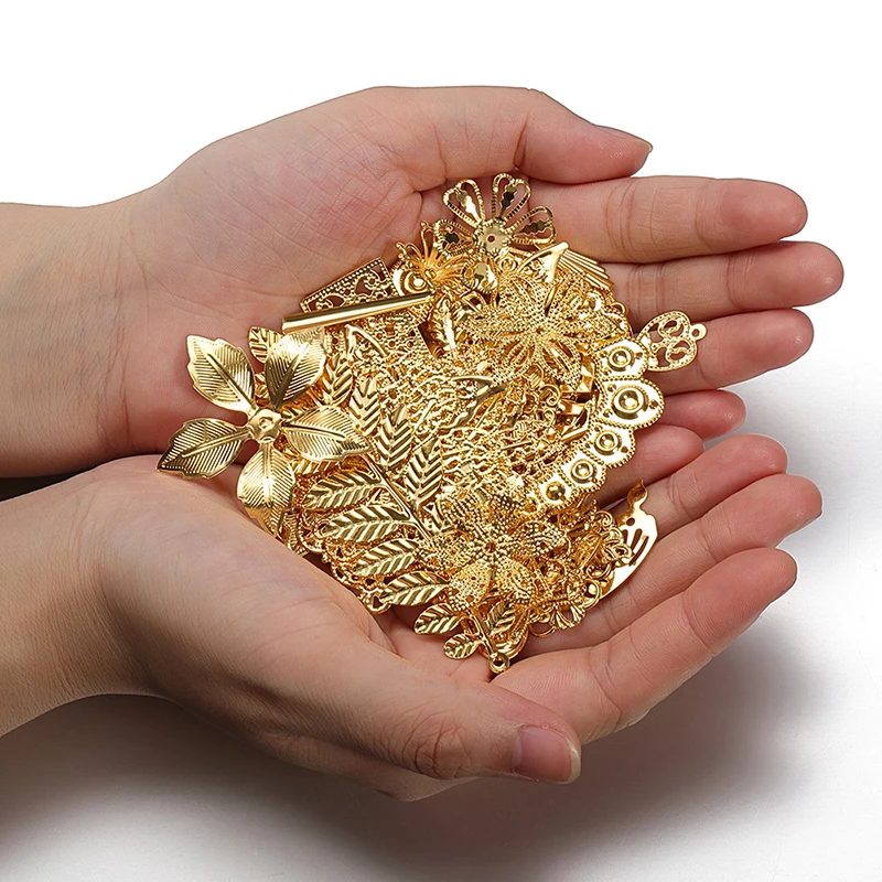 50g Mixed Metal Flower Leaves Filigree Wraps Connectors Pendant Beads Caps Charms for DIY Jewelry Making