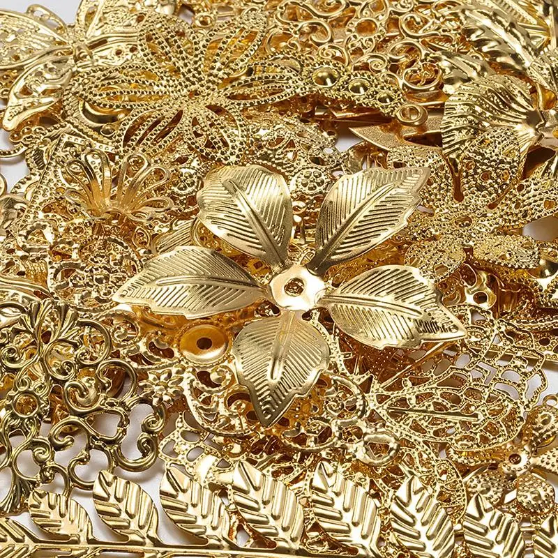 50g Mixed Metal Flower Leaves Filigree Wraps Connectors Pendant Beads Caps Charms for DIY Jewelry Making