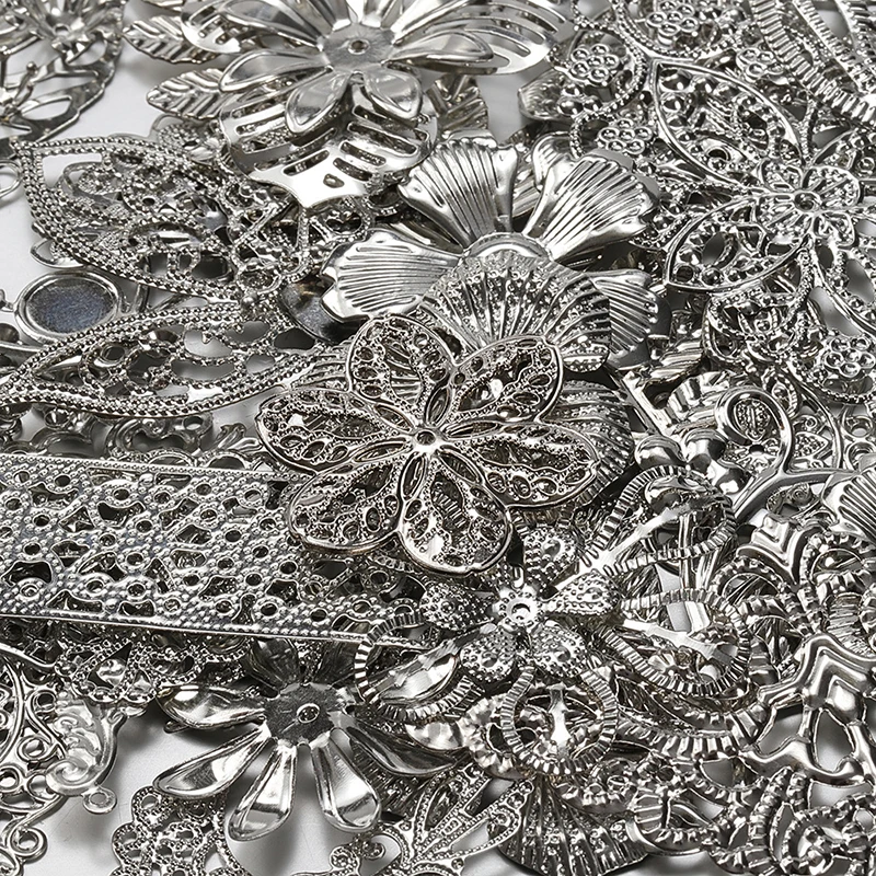 50g Mixed Metal Flower Leaves Filigree Wraps Connectors Pendant Beads Caps Charms for DIY Jewelry Making