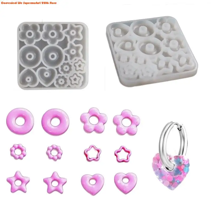 E06E Multifuntional Jewelry Molds Heart Star Flower Pendant Moulds Silicone Keychain Molds for Resin Earrings and Pendants