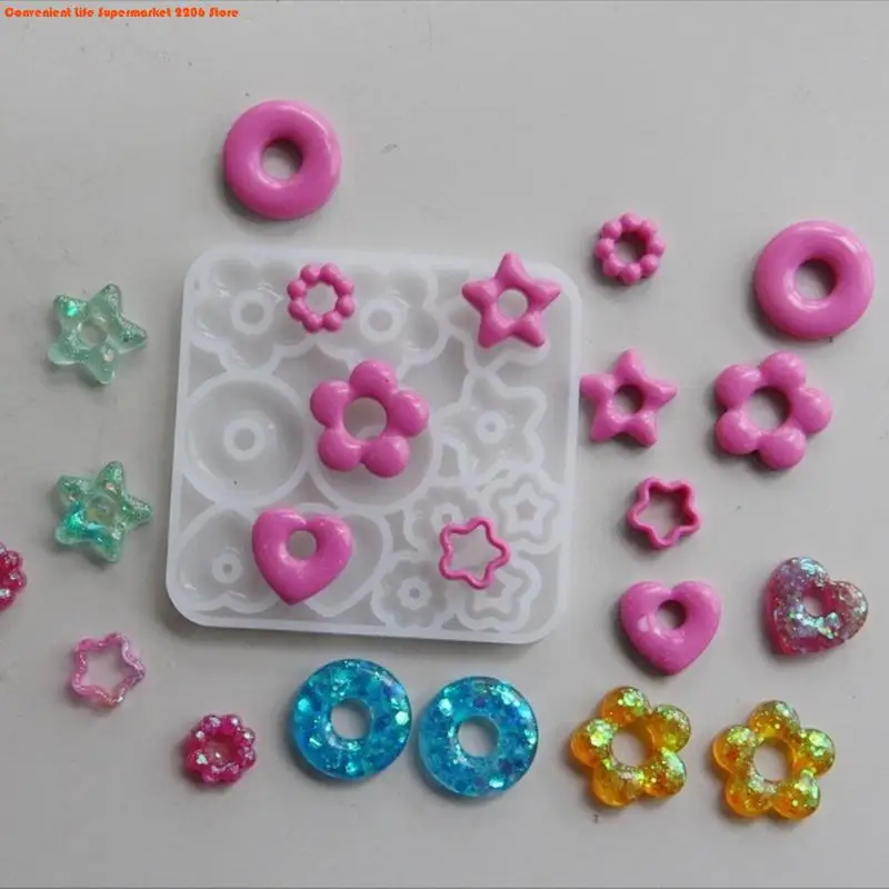 E06E Multifuntional Jewelry Molds Heart Star Flower Pendant Moulds Silicone Keychain Molds for Resin Earrings and Pendants