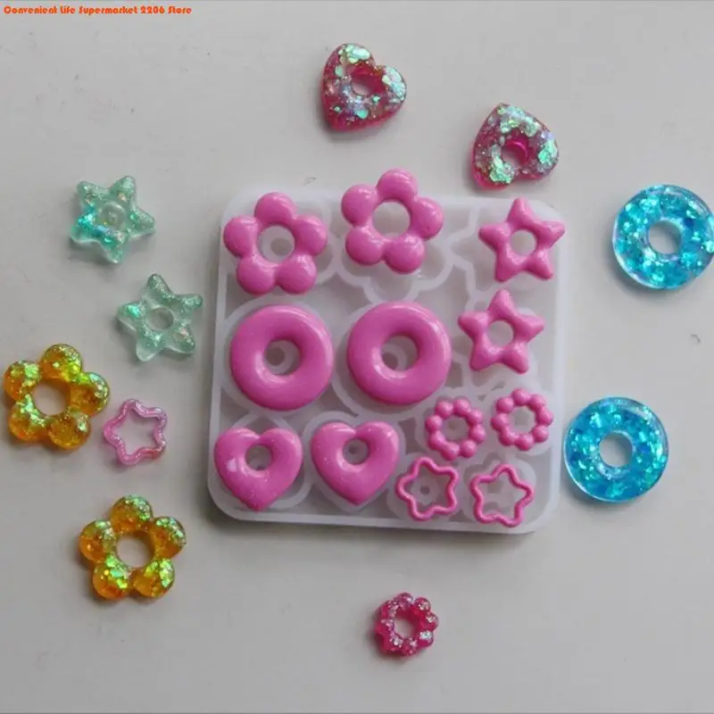 E06E Multifuntional Jewelry Molds Heart Star Flower Pendant Moulds Silicone Keychain Molds for Resin Earrings and Pendants