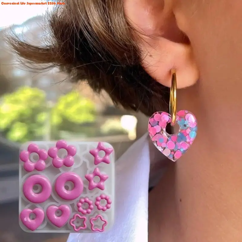 E06E Multifuntional Jewelry Molds Heart Star Flower Pendant Moulds Silicone Keychain Molds for Resin Earrings and Pendants