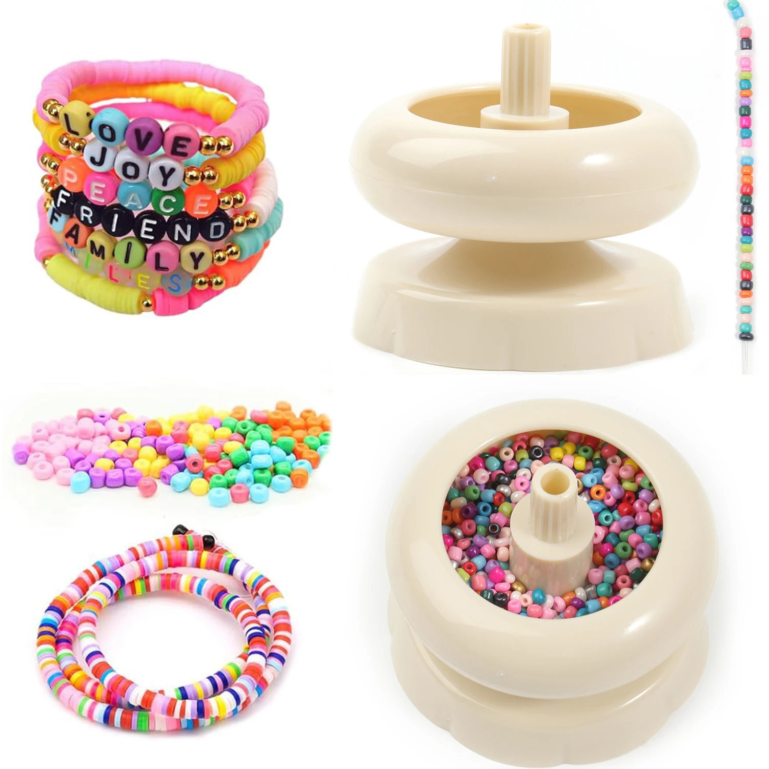 Clay and Seed Bead Spinner DIY Necklace Bracelet Threader Bead String Tool For Jewelry Making with Free Big Eyed Curved Needle